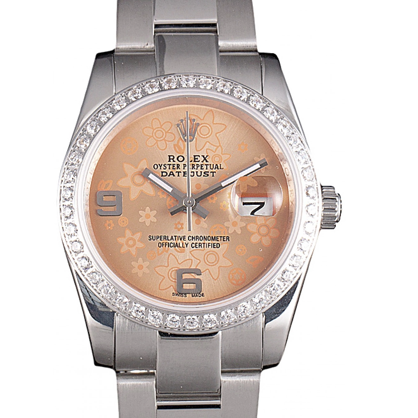 MiroTime 0804 Rolex Datejust Polished Stainless Steel Orange Flowers Dial Diamond Plated